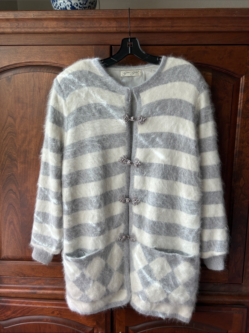 Vintage Cozy Angora Striped Fuzzy Cardigan/Coat in Gray and White